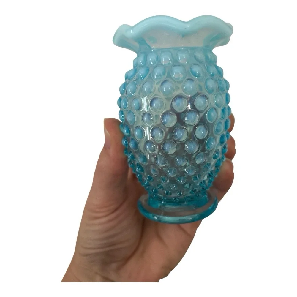 Vintage Pair-Fenton Blue Hobnail Ruffled Opalescent Glass Miniature Vases #13